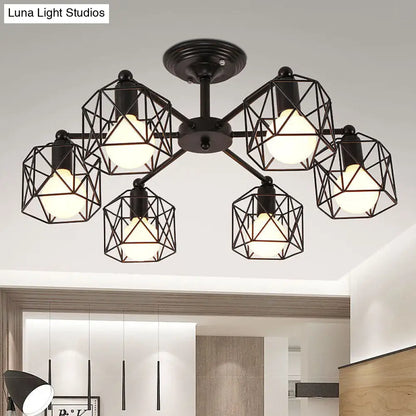 DecorBites™ DecorBites™ Retro Style Black Metal Semi Flush Pendant Light with Global Cage Shade for Living Room - 6/8 Lights Spider Semi Flush Light