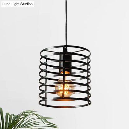 Retro Style Black/White Cylinder Cage Pendant Ceiling Lamp - Adjustable Height, Indoor Metal Hanging Light with 1 Bulb