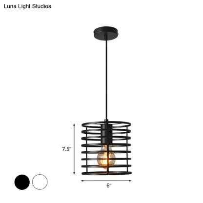 Retro Style Black/White Cylinder Cage Pendant Ceiling Lamp - Adjustable Height, Indoor Metal Hanging Light with 1 Bulb