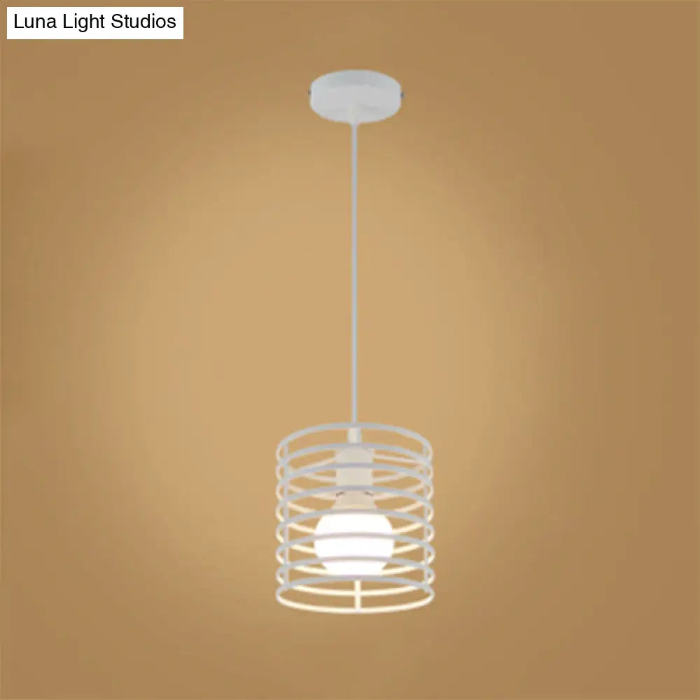 Retro Style Black/White Cylinder Cage Pendant Ceiling Lamp - Adjustable Height, Indoor Metal Hanging Light with 1 Bulb