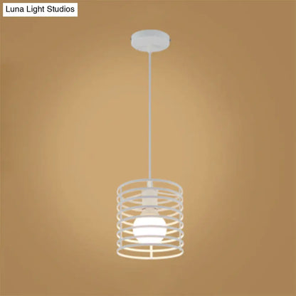 Retro Style Black/White Cylinder Cage Pendant Ceiling Lamp - Adjustable Height, Indoor Metal Hanging Light with 1 Bulb