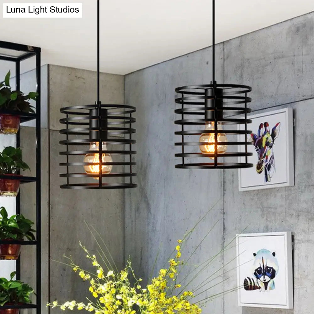 Retro Style Black/White Cylinder Cage Pendant Ceiling Lamp - Adjustable Height, Indoor Metal Hanging Light with 1 Bulb