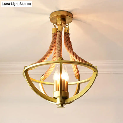 Retro-style Chandelier Pendant Light with Hemp Rope and Iron Basket - Set of 3 Bulbs