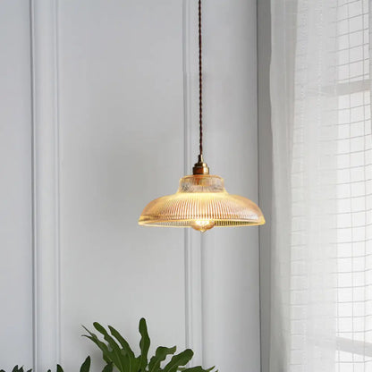 Retro Style Clear Ribbed Glass Pendant Lamp - Single-Bulb Hanging Light for Dining Room