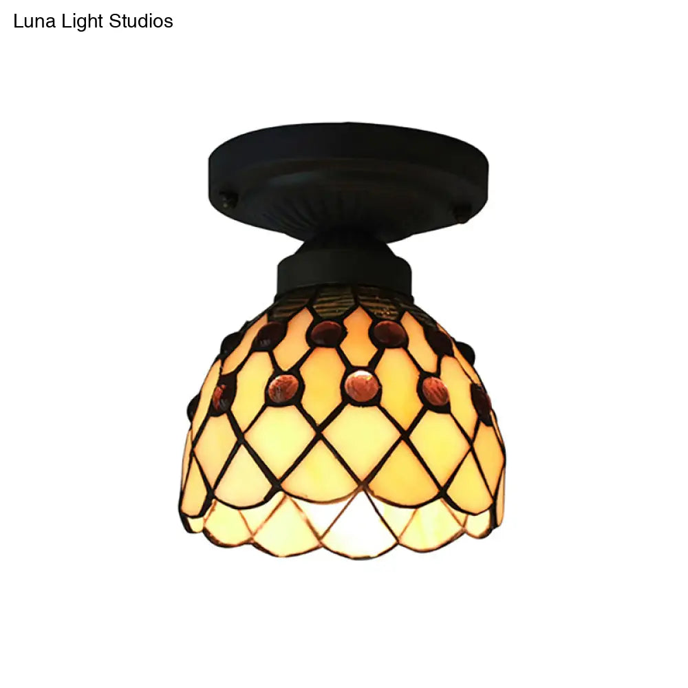 DecorBites™ DecorBites™ Retro-Style Cup Shade Semi Flush Mount Ceiling Light - Purple/Beige Glass Fixture with Jewel Pattern and 1 Light