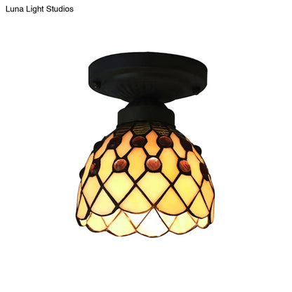 DecorBites™ DecorBites™ Retro-Style Cup Shade Semi Flush Mount Ceiling Light - Purple/Beige Glass Fixture with Jewel Pattern and 1 Light