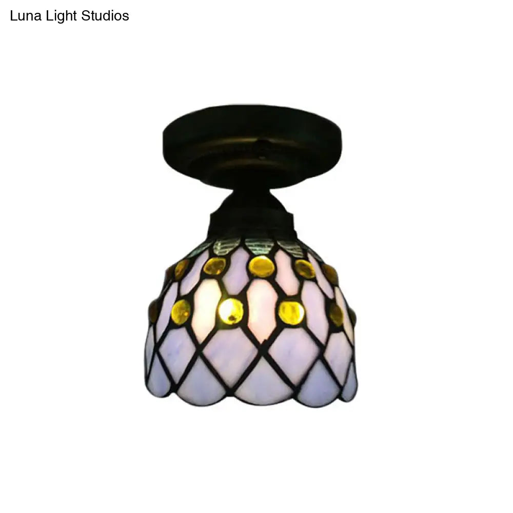 DecorBites™ DecorBites™ Retro-Style Cup Shade Semi Flush Mount Ceiling Light - Purple/Beige Glass Fixture with Jewel Pattern and 1 Light