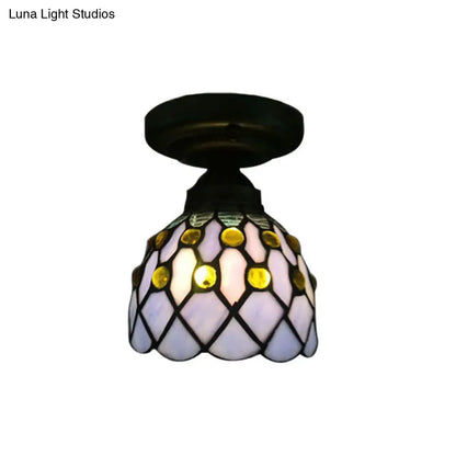 DecorBites™ DecorBites™ Retro-Style Cup Shade Semi Flush Mount Ceiling Light - Purple/Beige Glass Fixture with Jewel Pattern and 1 Light