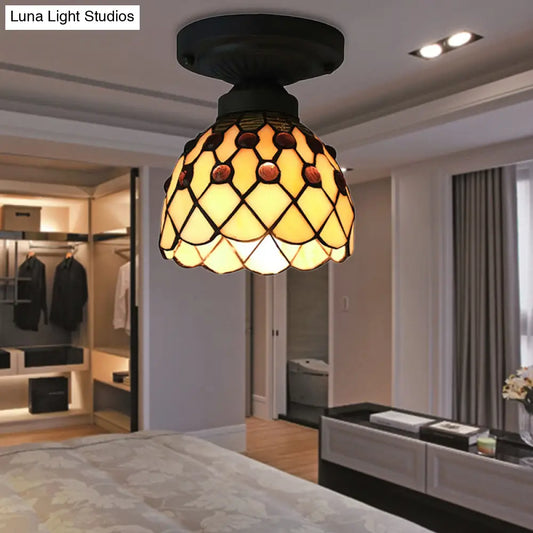 DecorBites™ DecorBites™ Retro-Style Cup Shade Semi Flush Mount Ceiling Light - Purple/Beige Glass Fixture with Jewel Pattern and 1 Light