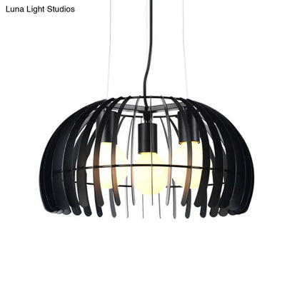 Retro Style Dome Hanging Light with Wire Guard - 3 Bulbs, Black Metal Suspension for Dining Room