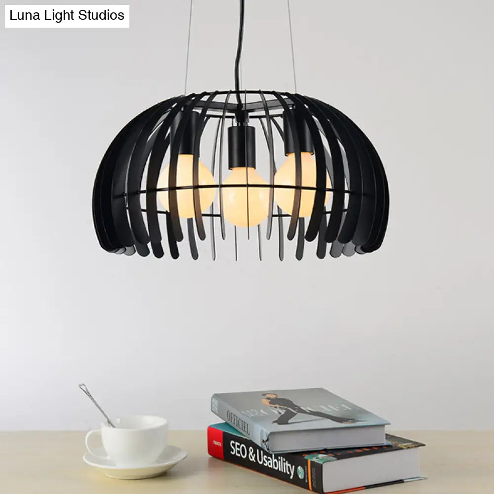 Retro Style Dome Hanging Light with Wire Guard - 3 Bulbs, Black Metal Suspension for Dining Room