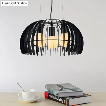 Retro Style Dome Hanging Light with Wire Guard - 3 Bulbs, Black Metal Suspension for Dining Room