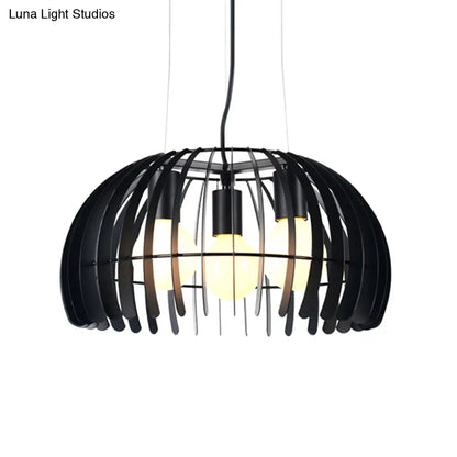 Retro Style Dome Hanging Light with Wire Guard - 3 Bulbs, Black Metal Suspension for Dining Room