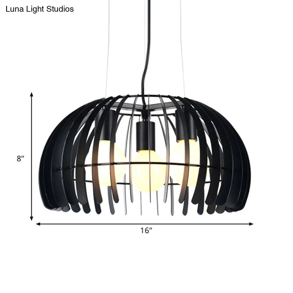 Retro Style Dome Hanging Light with Wire Guard - 3 Bulbs, Black Metal Suspension for Dining Room