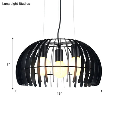 Retro Style Dome Hanging Light with Wire Guard - 3 Bulbs, Black Metal Suspension for Dining Room