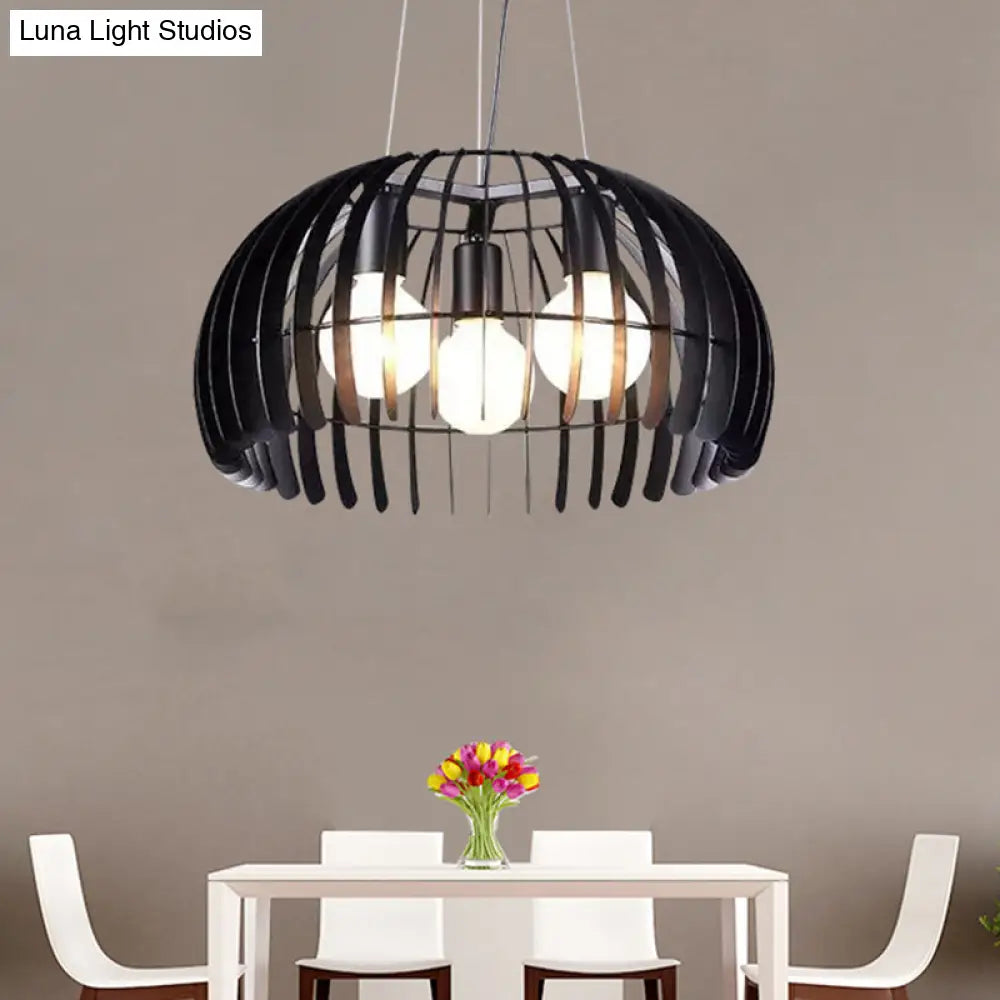 Retro Style Dome Hanging Light with Wire Guard - 3 Bulbs, Black Metal Suspension for Dining Room