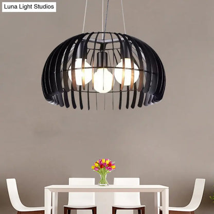 Retro Style Dome Hanging Light with Wire Guard - 3 Bulbs, Black Metal Suspension for Dining Room