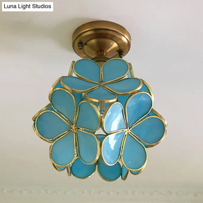 DecorBites™ DecorBites™ Retro Style Floral Stained Glass Ceiling Light with Pink/Blue/Green/Clear Shades for Hallway Flushmount