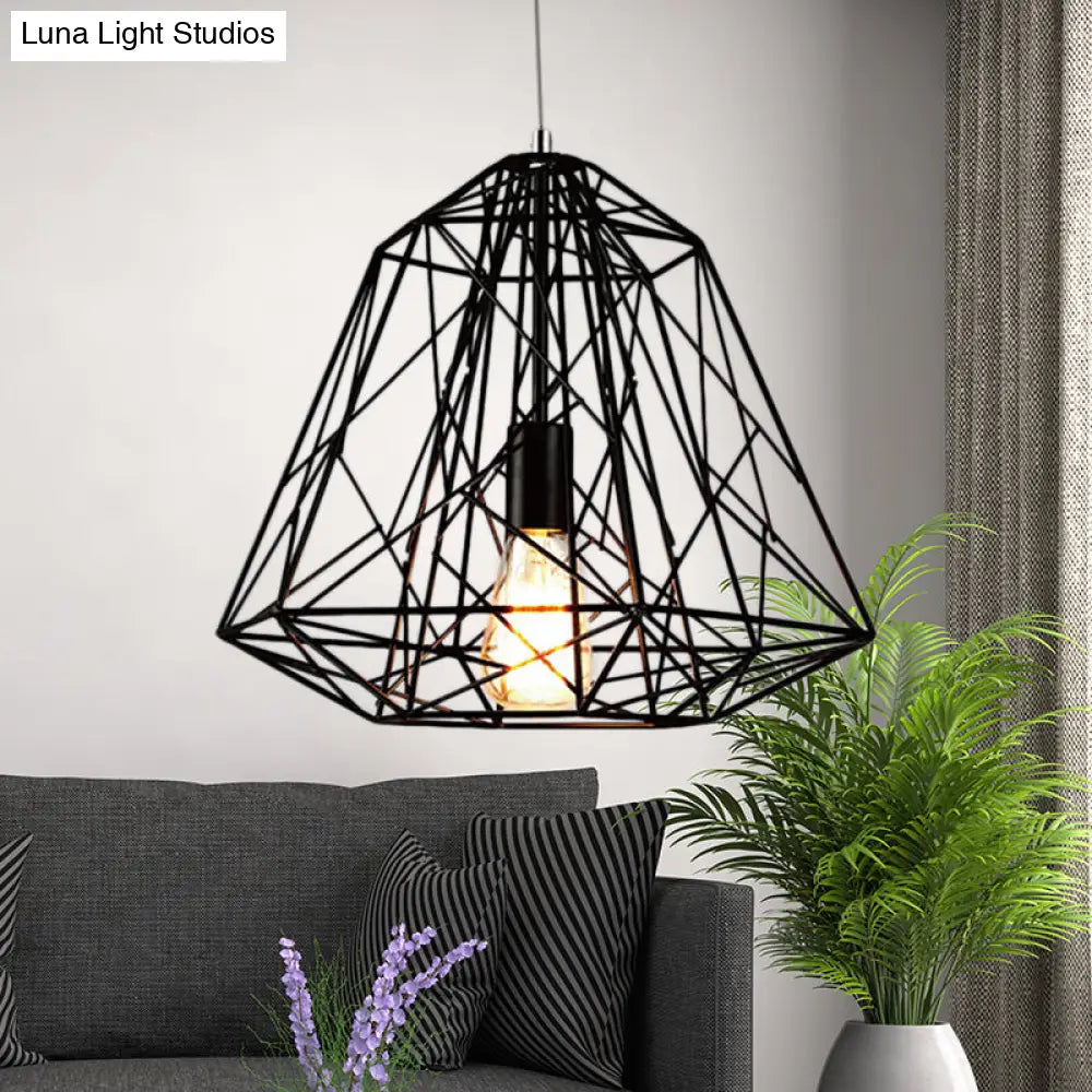 Retro Style Geometric Cage Ceiling Hanging Light with Metallic Suspension Lamp in Black/White