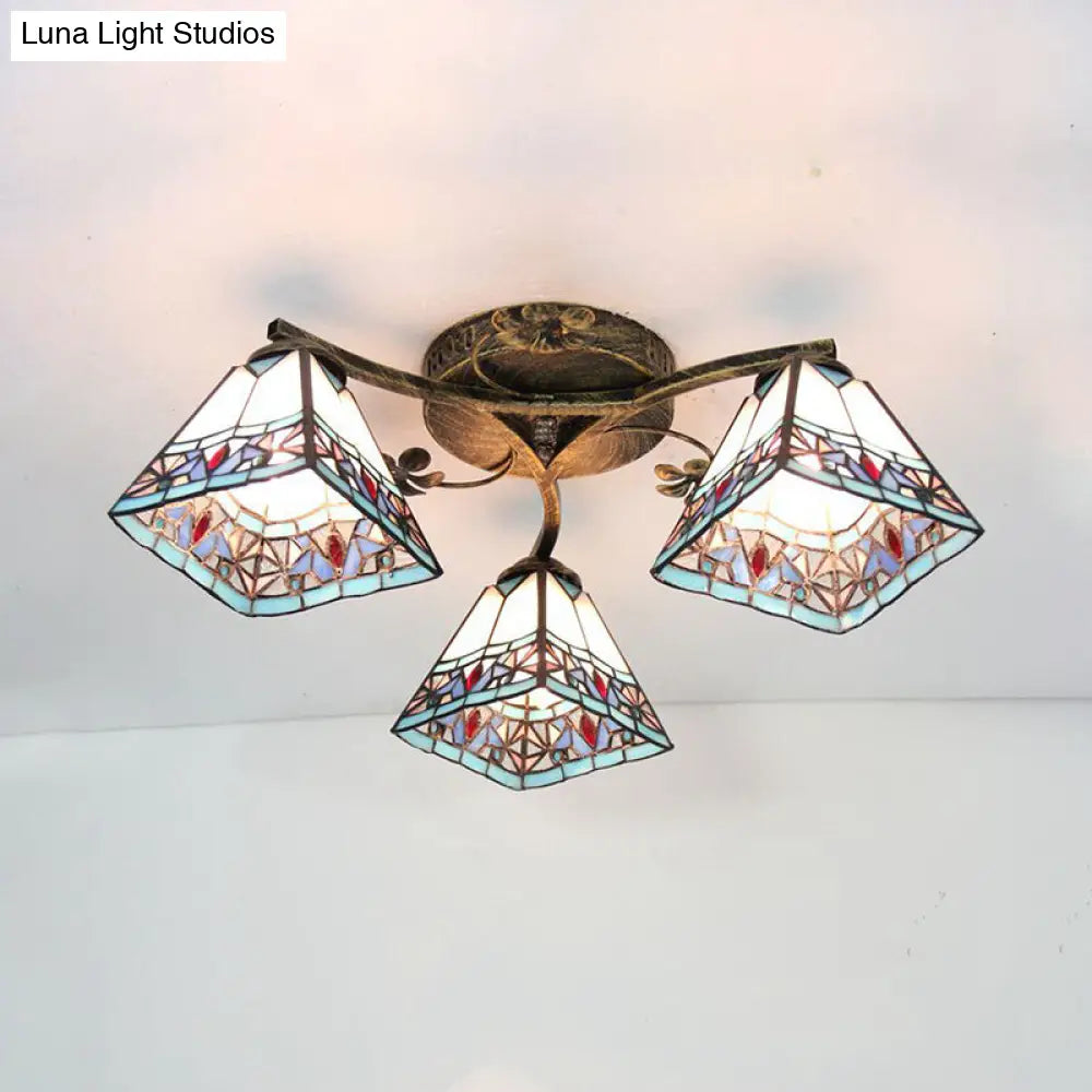 DecorBites™ DecorBites™ Retro Style Geometric Stained Glass Ceiling Light Fixture - 3 Lights with Wire Mesh and Elegant Patterns