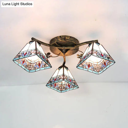 DecorBites™ DecorBites™ Retro Style Geometric Stained Glass Ceiling Light Fixture - 3 Lights with Wire Mesh and Elegant Patterns