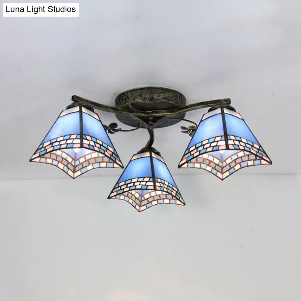 DecorBites™ DecorBites™ Retro Style Geometric Stained Glass Ceiling Light Fixture - 3 Lights with Wire Mesh and Elegant Patterns