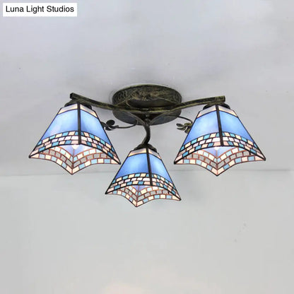 DecorBites™ DecorBites™ Retro Style Geometric Stained Glass Ceiling Light Fixture - 3 Lights with Wire Mesh and Elegant Patterns