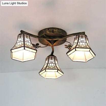 DecorBites™ DecorBites™ Retro Style Geometric Stained Glass Ceiling Light Fixture - 3 Lights with Wire Mesh and Elegant Patterns