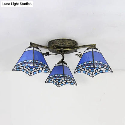 DecorBites™ DecorBites™ Retro Style Geometric Stained Glass Ceiling Light Fixture - 3 Lights with Wire Mesh and Elegant Patterns