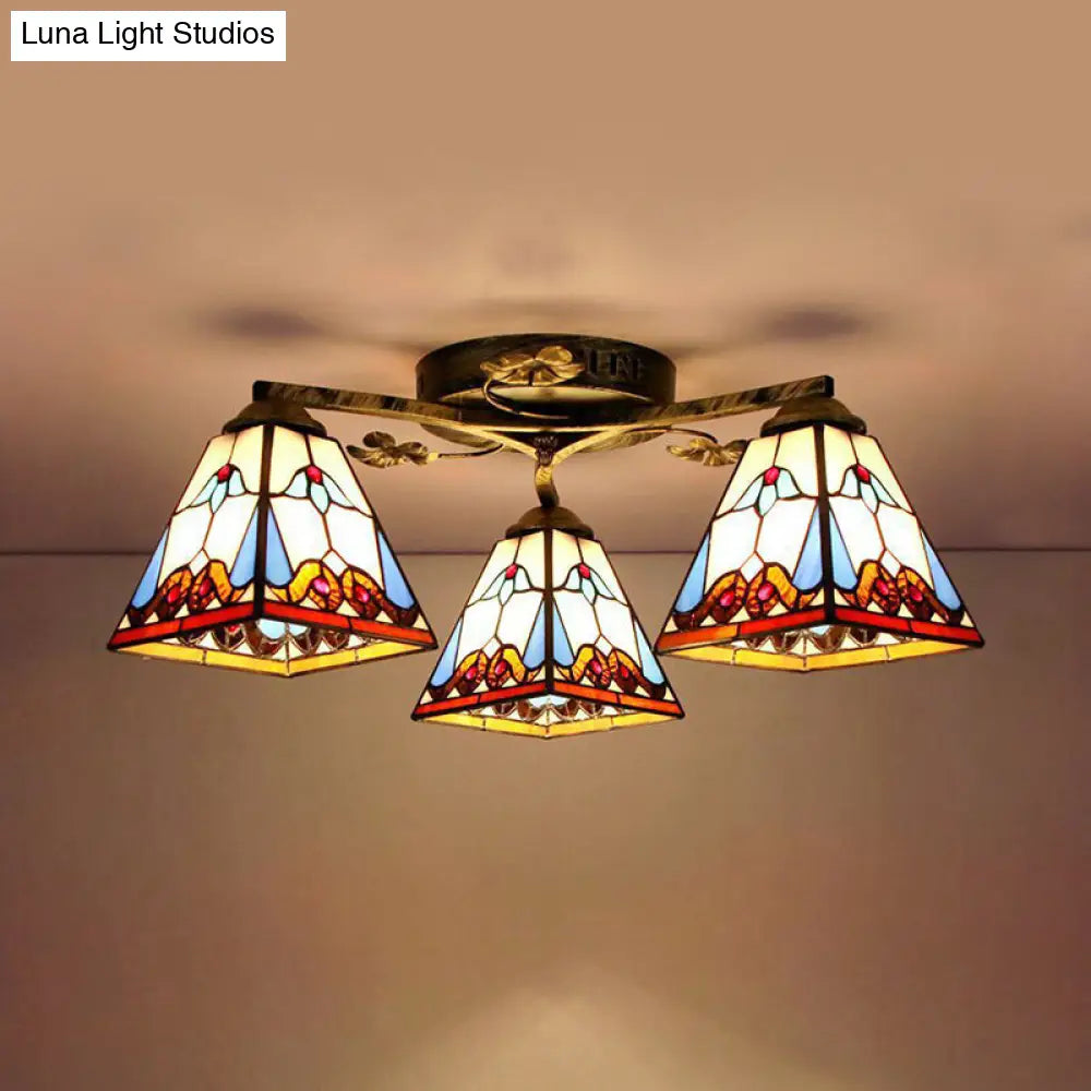 DecorBites™ DecorBites™ Retro Style Geometric Stained Glass Ceiling Light Fixture - 3 Lights with Wire Mesh and Elegant Patterns