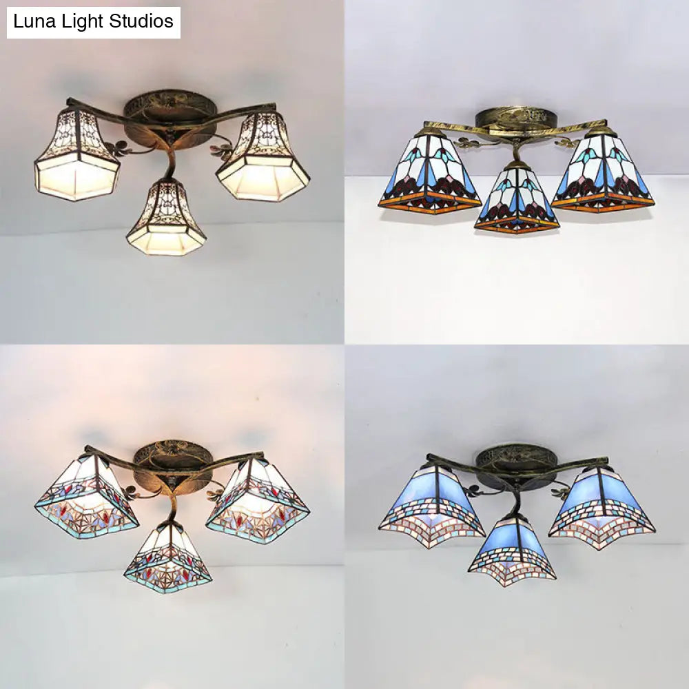 DecorBites™ DecorBites™ Retro Style Geometric Stained Glass Ceiling Light Fixture - 3 Lights with Wire Mesh and Elegant Patterns