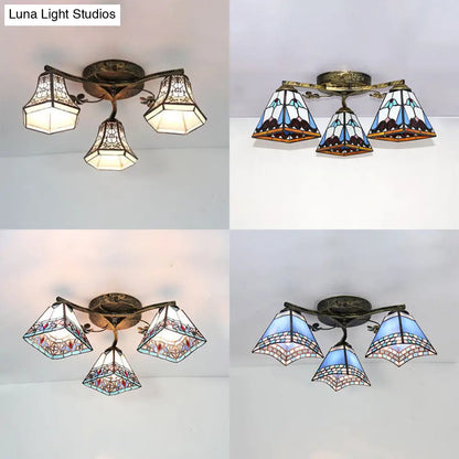 DecorBites™ DecorBites™ Retro Style Geometric Stained Glass Ceiling Light Fixture - 3 Lights with Wire Mesh and Elegant Patterns