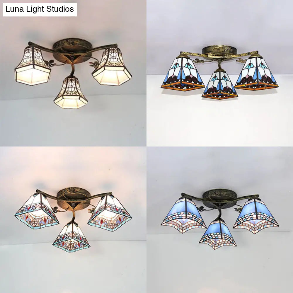 DecorBites™ DecorBites™ Retro Style Geometric Stained Glass Ceiling Light Fixture - 3 Lights with Wire Mesh and Elegant Patterns