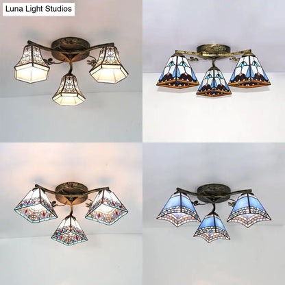 DecorBites™ DecorBites™ Retro Style Geometric Stained Glass Ceiling Light Fixture - 3 Lights with Wire Mesh and Elegant Patterns