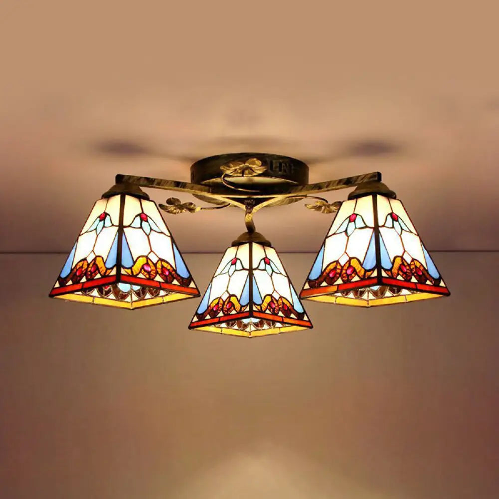 DecorBites™ DecorBites™ Retro Style Geometric Stained Glass Ceiling Light Fixture - 3 Lights with Wire Mesh and Elegant Patterns