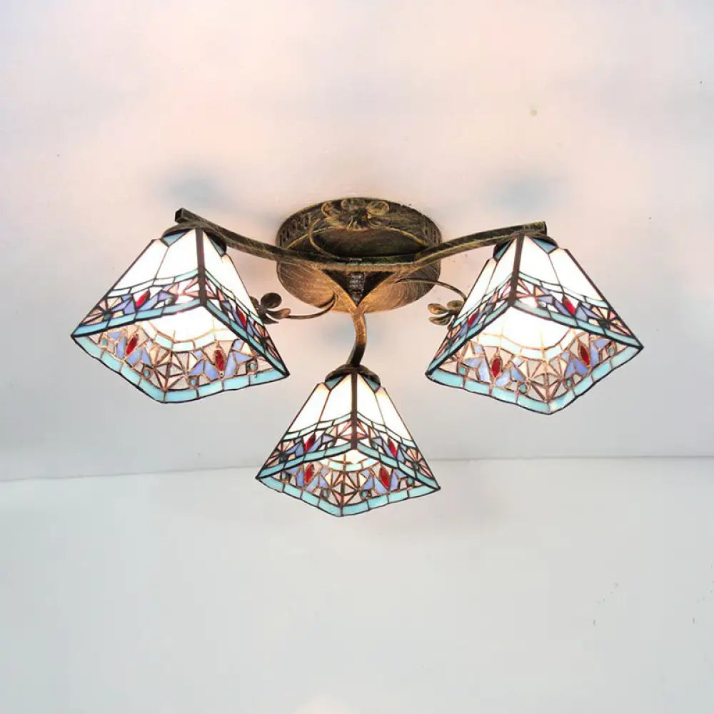 DecorBites™ DecorBites™ Retro Style Geometric Stained Glass Ceiling Light Fixture - 3 Lights with Wire Mesh and Elegant Patterns