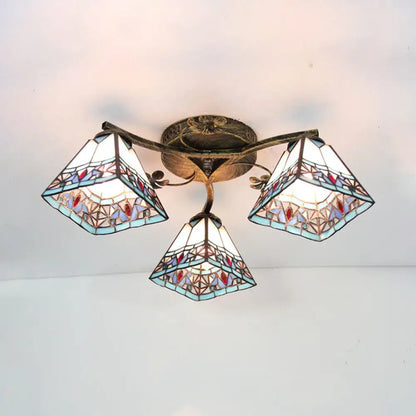 DecorBites™ DecorBites™ Retro Style Geometric Stained Glass Ceiling Light Fixture - 3 Lights with Wire Mesh and Elegant Patterns