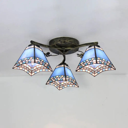 DecorBites™ DecorBites™ Retro Style Geometric Stained Glass Ceiling Light Fixture - 3 Lights with Wire Mesh and Elegant Patterns