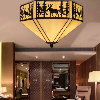 DecorBites™ DecorBites™ Retro Style Geometric Stained Glass Flush Mount Ceiling Light in White - Elegant 1/2 Light Flushmount