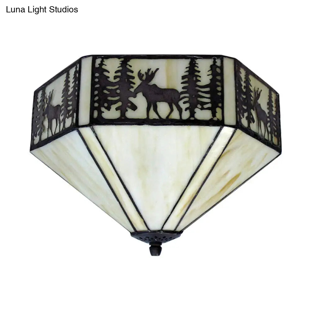 DecorBites™ DecorBites™ Retro Style Geometric Stained Glass Flush Mount Ceiling Light in White - Elegant 1/2 Light Flushmount