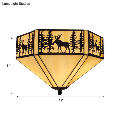 DecorBites™ DecorBites™ Retro Style Geometric Stained Glass Flush Mount Ceiling Light in White - Elegant 1/2 Light Flushmount