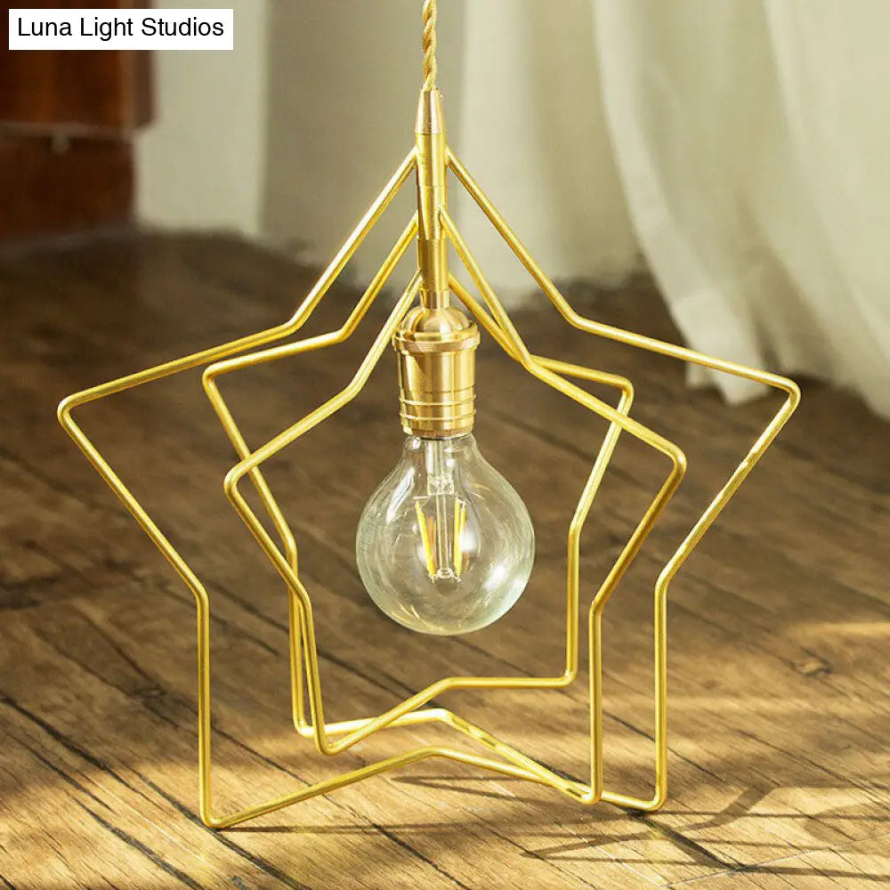 Retro Style Gold Iron Suspension Pendant Ceiling Light - Star Frame Design, Ideal for Restaurants