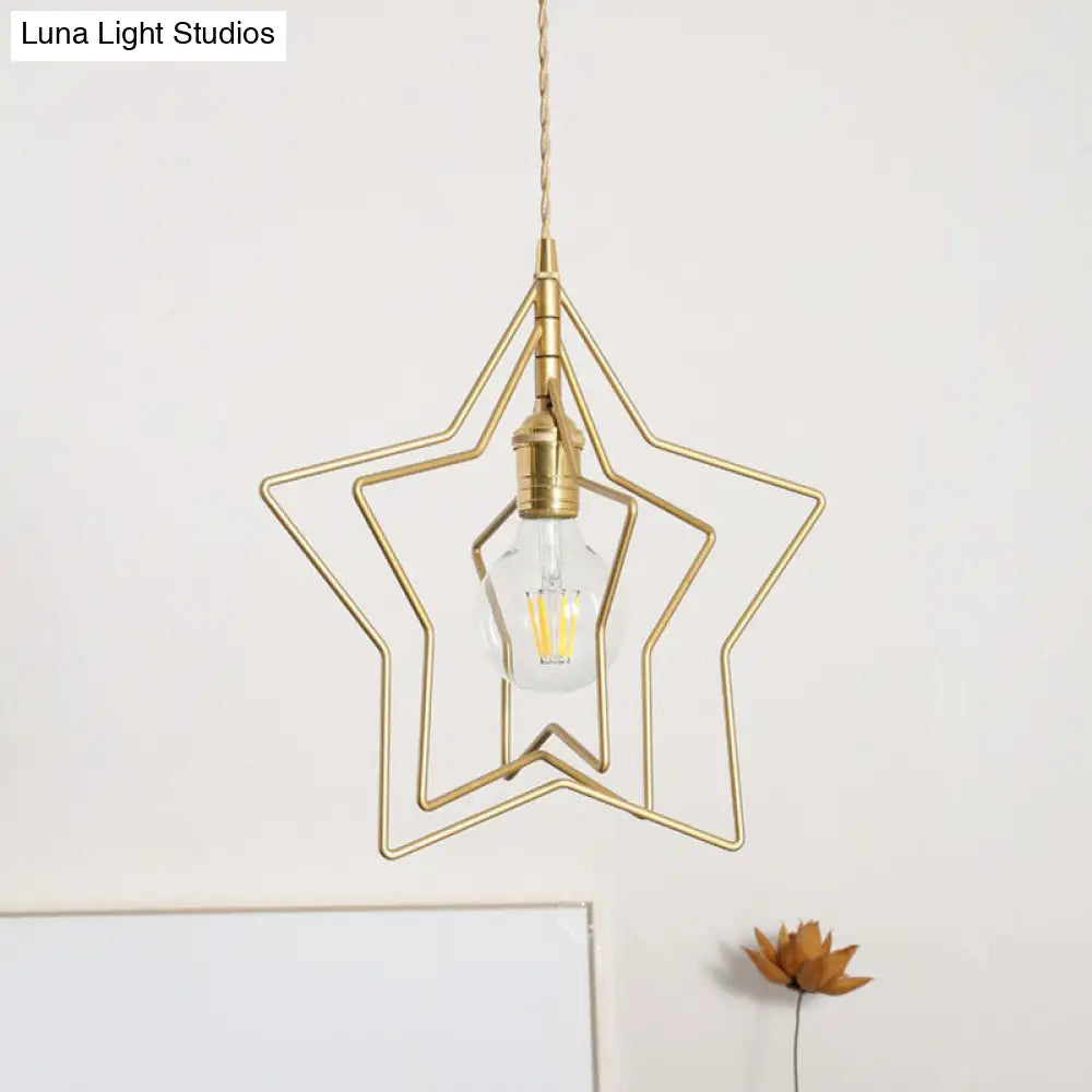 Retro Style Gold Iron Suspension Pendant Ceiling Light - Star Frame Design, Ideal for Restaurants