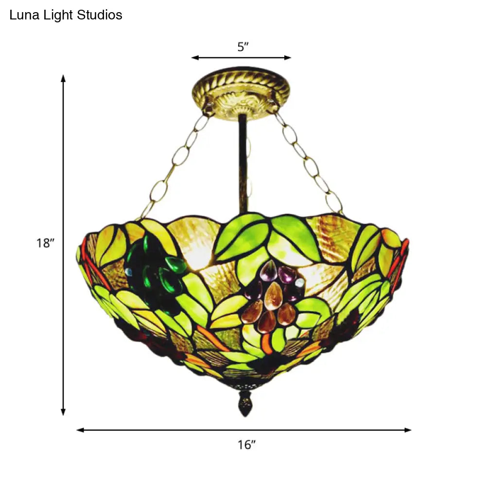 Retro-Style Green Stained Glass Semi-Flush Ceiling Light with 3 Lights