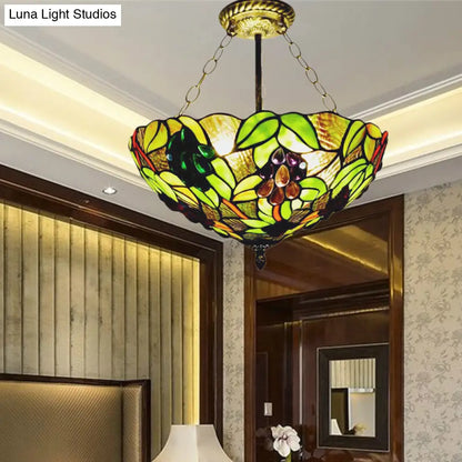 Retro-Style Green Stained Glass Semi-Flush Ceiling Light with 3 Lights