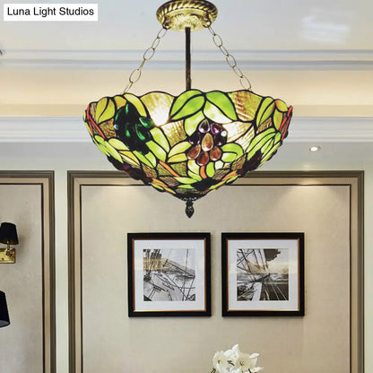 Retro-Style Green Stained Glass Semi-Flush Ceiling Light with 3 Lights