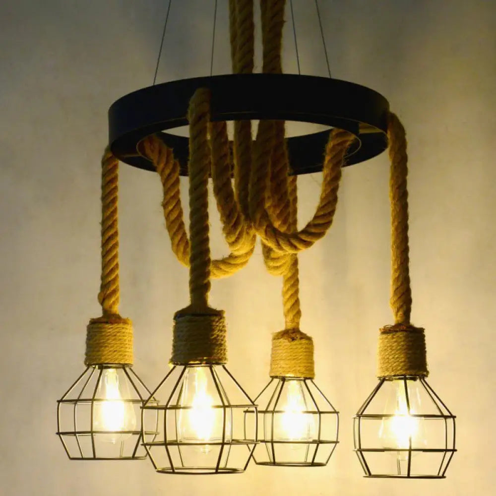 Retro-Style Grenade Ceiling Light with Black Hemp Rope for Restaurants