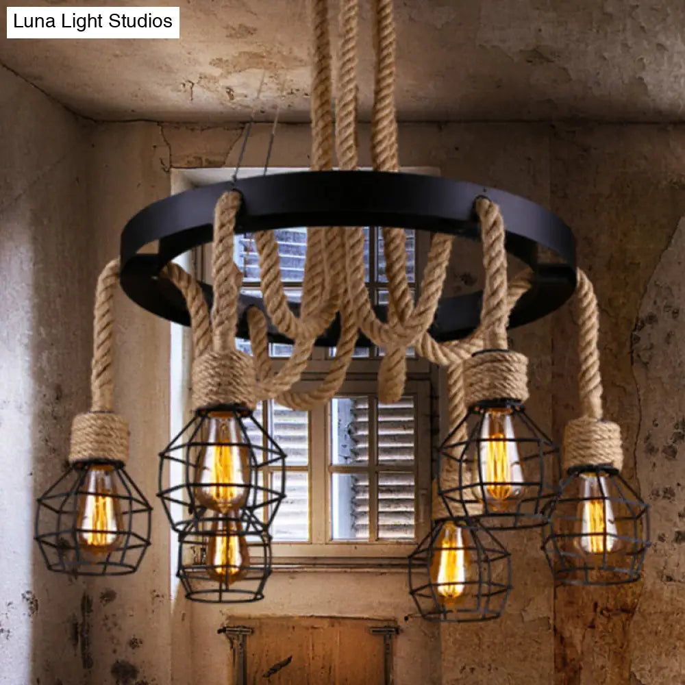 Retro-Style Grenade Ceiling Light with Black Hemp Rope for Restaurants