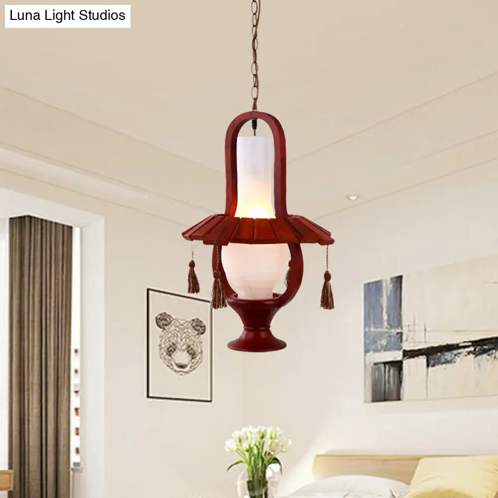 Retro Style Kerosene Opal Glass Hanging Light Fixture - 1-Bulb Dining Room Ceiling Lamp in Red Brown