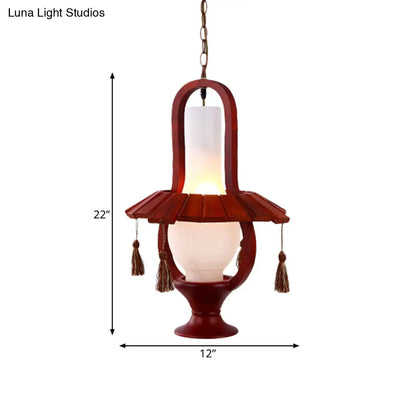 Retro Style Kerosene Opal Glass Hanging Light Fixture - 1-Bulb Dining Room Ceiling Lamp in Red Brown